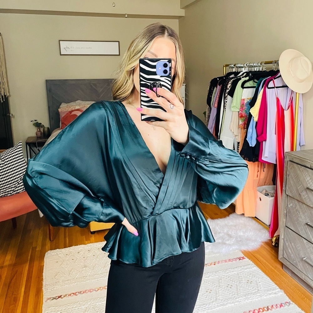 NBD Satin Bronson Wrap Front Blouse in Evergreen